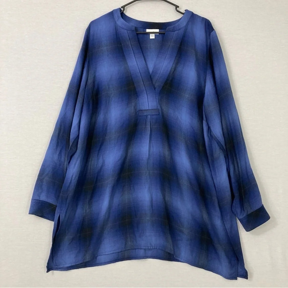 J. Jill Navy Plaid V Neck Soft Flowy Long Sleeve Tunic size Large - Picture 1 of 11
